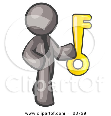 Clipart Illustration of a Gray Businessman Holding up a Large Golden Skeleton Key by Leo Blanchette