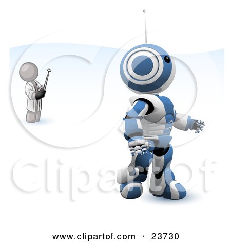 Clipart Illustration of a Gray Man Inventor Operating An Blue Robot With A Remote Control by Leo Blanchette