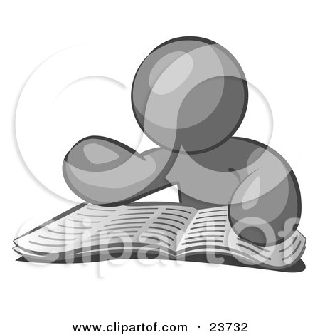 Clipart Illustration of a Gray Man Character Seated And Reading The Daily Newspaper To Brush Up On Current Events by Leo Blanchette