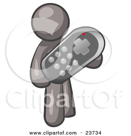 Clipart Illustration of a Gray Man Holding A Remote Control To A Television by Leo Blanchette