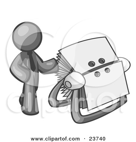 Clipart Illustration of a Gray Businessman Standing Beside A Rotary Card File With Blank Index Cards by Leo Blanchette