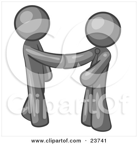 Clipart Illustration of a Gray Man Wearing A Tie, Shaking Hands With Another Upon Agreement Of A Business Deal by Leo Blanchette
