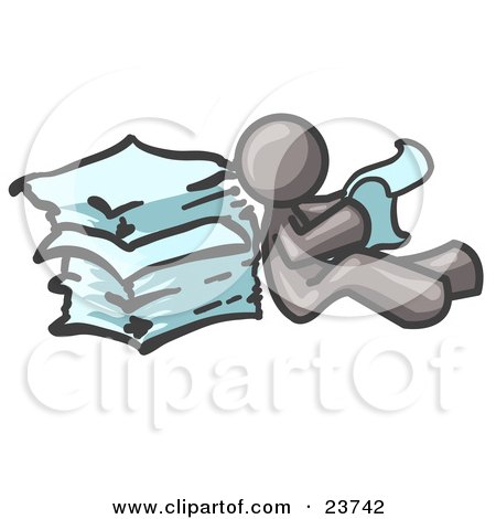 Clipart Illustration of a Gray Man Leaning Against a Stack of Papers by Leo Blanchette
