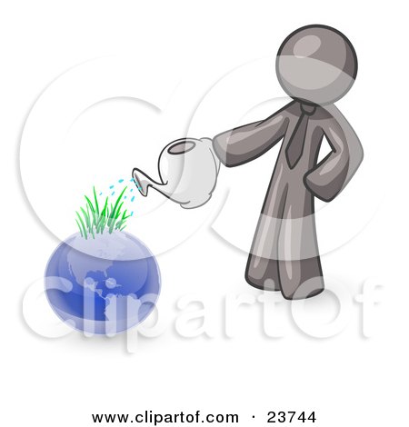 Clipart Illustration of a Gray Man Using A Watering Can To Water New Grass Growing On Planet Earth, Symbolizing Someone Caring For The Environment by Leo Blanchette