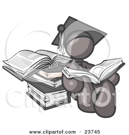 Clipart Illustration of a Gray Male Student in a Graduation Cap, Reading a Book and Leaning Against a Stack of Books by Leo Blanchette