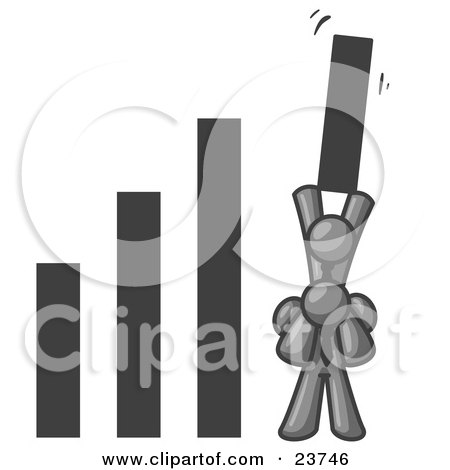Clipart Illustration of a Gray Man on Another Man's Shoulders, Holding up a Bar in a Graph by Leo Blanchette