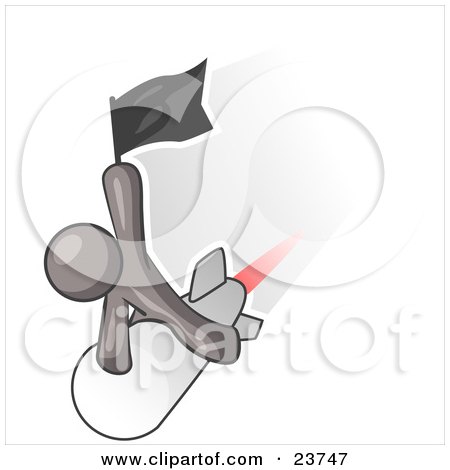 Clipart Illustration of a Gray Man Waving A Flag While Riding On Top Of A Fast Missile Or Rocket, Symbolizing Success by Leo Blanchette