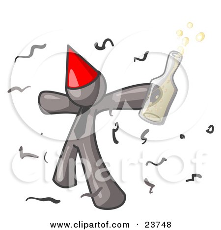 Clipart Illustration of a Happy Gray Man Partying With a Party Hat, Confetti and a Bottle of Liquor by Leo Blanchette