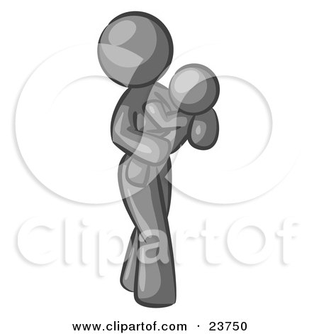 Clipart Illustration of a Gray Woman Carrying Her Child In Her Arms, Symbolizing Motherhood And Parenting by Leo Blanchette