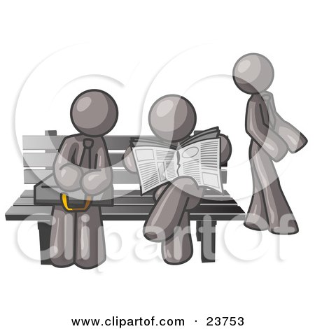 Clipart Illustration of Gray Men at a Bench at a Bus Stop  by Leo Blanchette