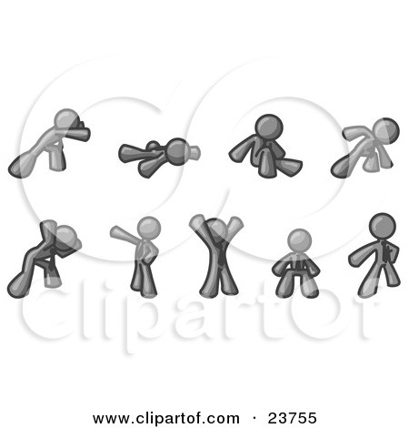 Clipart Illustration of a Gray Man Doing Different Exercises and Stretches in a Fitness Gym  by Leo Blanchette