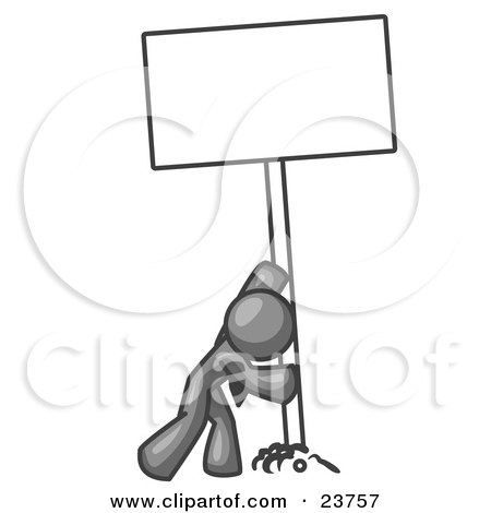 Clipart Illustration of a Strong Gray Man Pushing a Blank Sign Upright  by Leo Blanchette