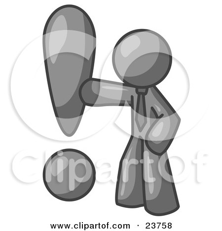 Clipart Illustration of a Gray Businessman Standing by a Large Exclamation Point by Leo Blanchette