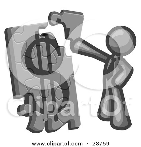 Clipart Illustration of a Gray Businessman Putting a Dollar Sign Puzzle Together by Leo Blanchette