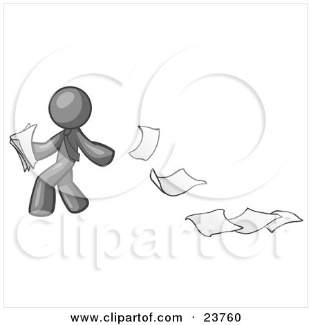 Clipart Illustration of a Gray Man Dropping White Sheets Of Paper On A Ground And Leaving A Paper Trail, Symbolizing Waste by Leo Blanchette