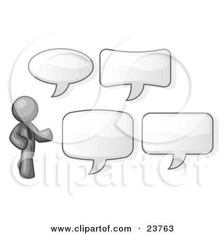 Clipart Illustration of a Gray Businessman With Four Different Word Bubbles by Leo Blanchette