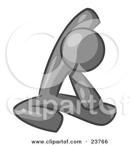 Clipart Illustration of a Gray Man Sitting On A Gym Floor And Stretching His Arm Up And Behind His Head by Leo Blanchette