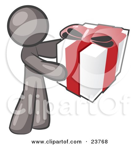 Clipart Illustration of a Thoughtful Gray Man Holding A Christmas, Birthday, Valentine's Day Or Anniversary Gift Wrapped In White Paper With Red Ribbon And A Bow by Leo Blanchette