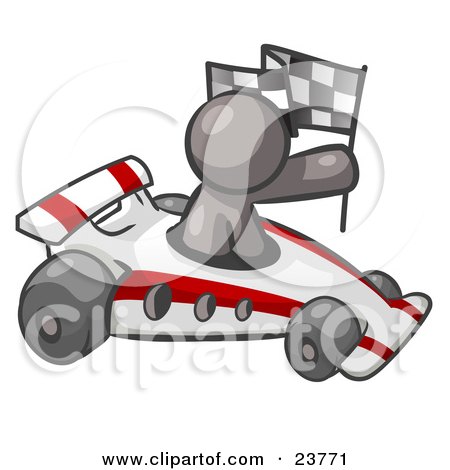 Clipart Illustration of a Gray Man Driving A Fast Race Car Past Flags While Racing by Leo Blanchette