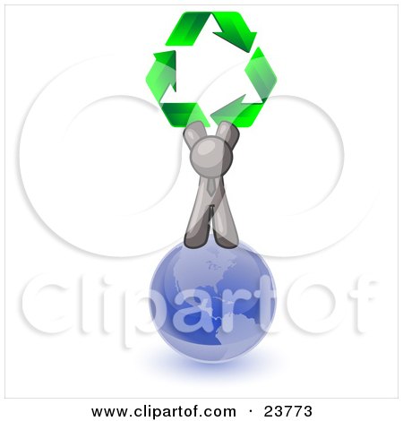 Clipart Illustration of a Gray Man Standing On Top Of The Blue Planet Earth And Holding Up Three Green Arrows Forming A Triangle And Moving In A Clockwise Motion, Symbolizing Renewable Energy And Recycling by Leo Blanchette