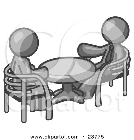 Clipart Illustration of Two Gray Business Men Sitting Across From Eachother at a Table During a Meeting by Leo Blanchette