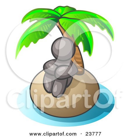 Clipart Illustration of a Gray Man Sitting All Alone With A Palm Tree On A Deserted Island by Leo Blanchette