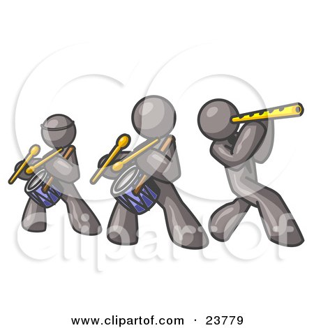 Clipart Illustration of Three Gray Men Playing Flutes and Drums at a Music Concert by Leo Blanchette
