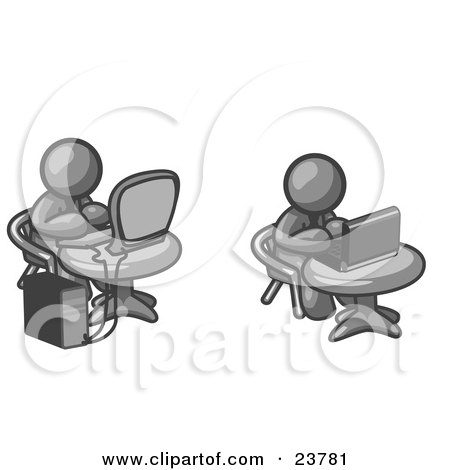 Clipart Illustration of Two Gray Men, Employees, Working on Computers in an Office, One Using a Desktop, the Other Using a Laptop by Leo Blanchette