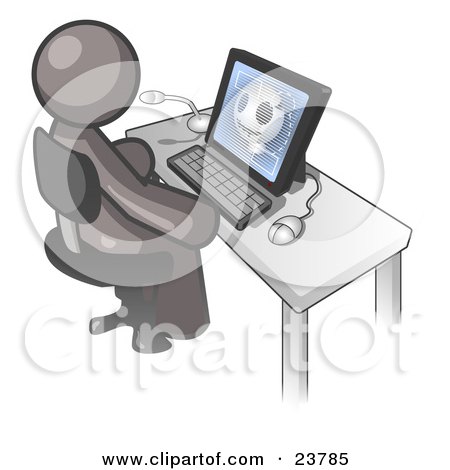 Clipart Illustration of a Gray Doctor Man Sitting at a Computer and Viewing an Xray of a Head  by Leo Blanchette