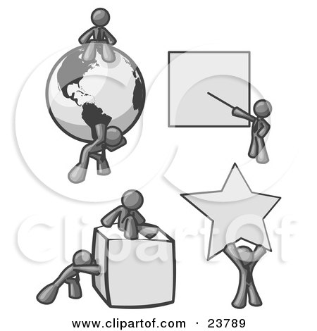 Clipart Illustration of Gray Men With a Globe, Presentation Board, Cube and Star  by Leo Blanchette