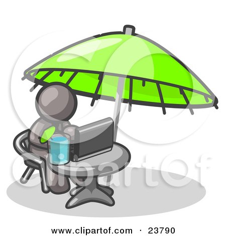 Clipart Illustration of a Traveling Gray Business Man Sitting Under an Umbrella at a Table Using a Laptop Computer  by Leo Blanchette