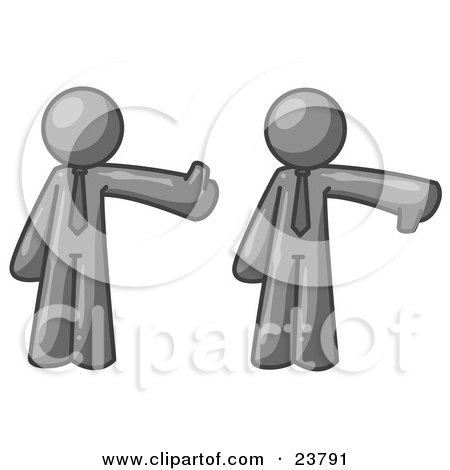 Clipart Illustration of a Gray Business Man Giving the Thumbs Up Then the Thumbs Down  by Leo Blanchette