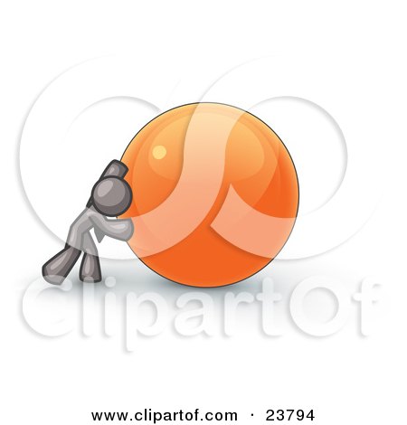 Clipart Illustration of a Strong Gray Business Man Pushing an Orange Sphere  by Leo Blanchette