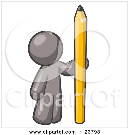 Clipart Illustration of a Gray Man Holding Up And Standing Beside A Giant Yellow Number Two Pencil by Leo Blanchette