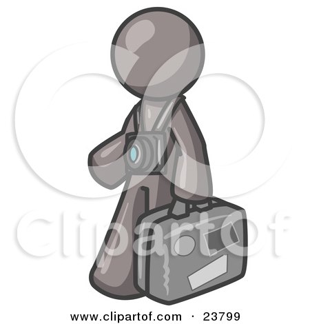 Clipart Illustration of a Gray Male Tourist Carrying His Suitcase and Walking With a Camera Around His Neck by Leo Blanchette