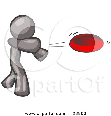 Clipart Illustration of a Gray Man Tossing A Red Flying Disc Through The Air For Someone To Catch by Leo Blanchette