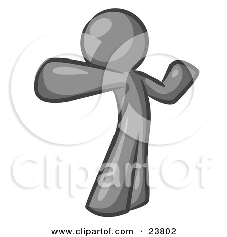 Clipart Illustration of a Gray Man Stretching His Arms And Back Or Punching The Air by Leo Blanchette