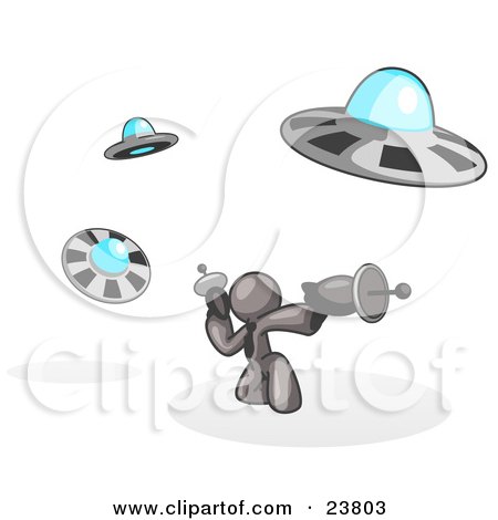 Clipart Illustration of a Gray Man Fighting Off UFO's With Weapons by Leo Blanchette