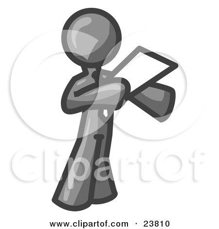 Clipart Illustration of a Gray Businessman Holding a Piece of Paper During a Speech or Presentation by Leo Blanchette