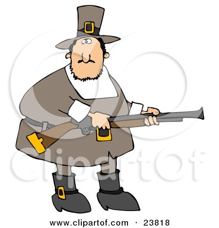 Clipart Illustration of a Confused Fat Male Pilgrim In Brown, Holding A Rifle While Out Hunting For Turkey Birds by djart