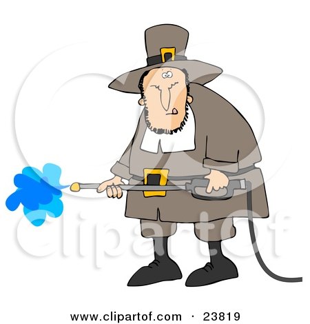 Clipart Illustration of a Grumpy Male Pilgrim In Brown Clothes And A Hat, Operating A Pressure Washer by djart