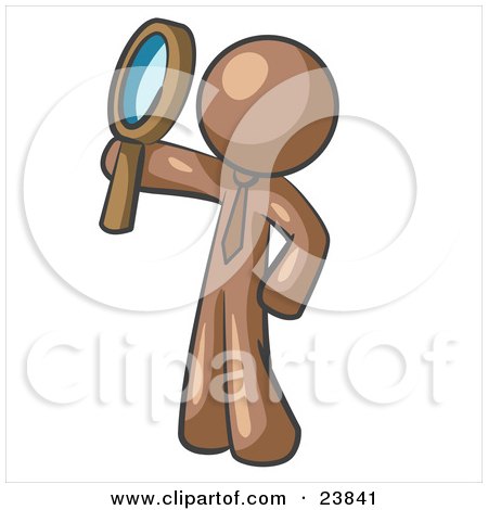 Clipart Illustration of a Brown Man Holding Up A Magnifying Glass And Peering Through It While Investigating Or Researching Something  by Leo Blanchette