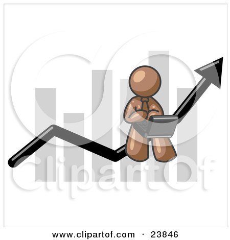 Clipart Illustration of a Brown Man Using a Laptop Computer, Riding the Increasing Arrow Line on a Business Chart Graph by Leo Blanchette