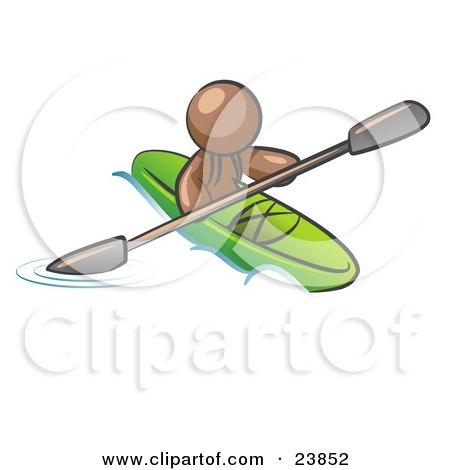 Clipart Illustration of a Brown Man Paddling Down A River In A Green Kayak by Leo Blanchette