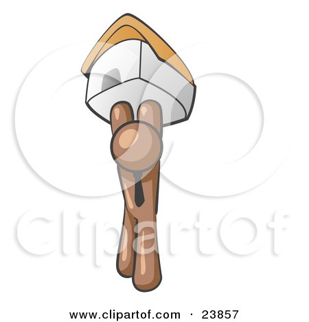 Clipart Illustration of a Brown Man Holding Up A House Over His Head, Symbolizing Home Loans and Realty by Leo Blanchette