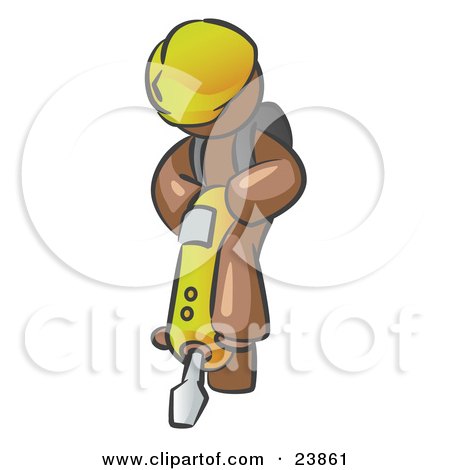 Clipart Illustration of a Brown Construction Worker Man Wearing A Hardhat And Operating A Yellow Jackhammer While Doing Road Work by Leo Blanchette