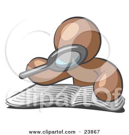 Clipart Illustration of a Brown Man Using A Magnifying Glass To Examine The Facts In The Daily Newspaper by Leo Blanchette