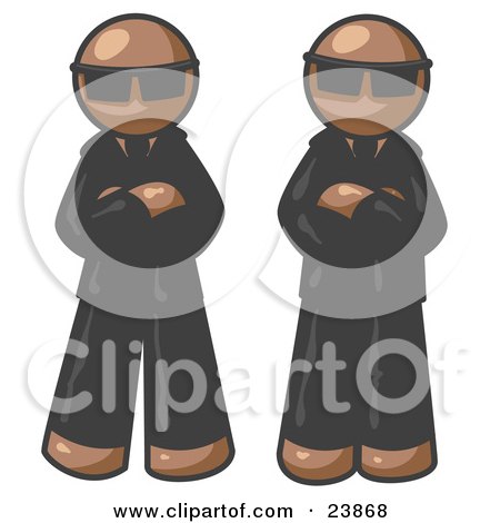 Clipart Illustration of Two Brown Men Standing With Their Arms Crossed, Wearing Sunglasses and Black Suits by Leo Blanchette