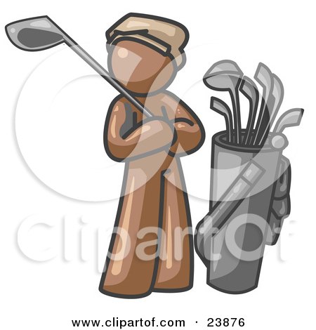 Clipart Illustration of a Brown Man Standing by His Golf Clubs by Leo Blanchette