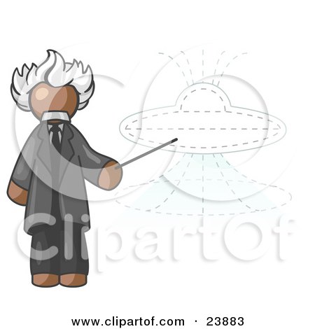 Clipart Illustration of a Brown Einstein Man Pointing a Stick at a Presentation of a Flying Saucer by Leo Blanchette